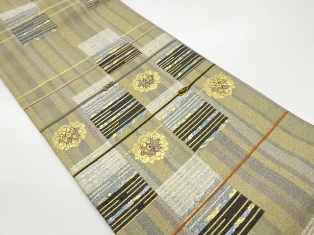 紙布紐通し金通し市松に華文模様織出し袋帯